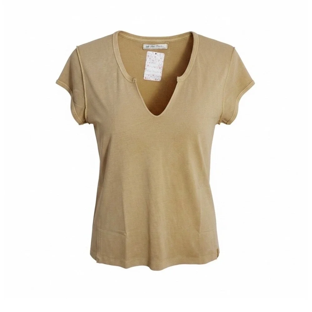 Free People T-Shirt Womens Large Tan We The Free Split V-Neck Raw Seam Boho Top